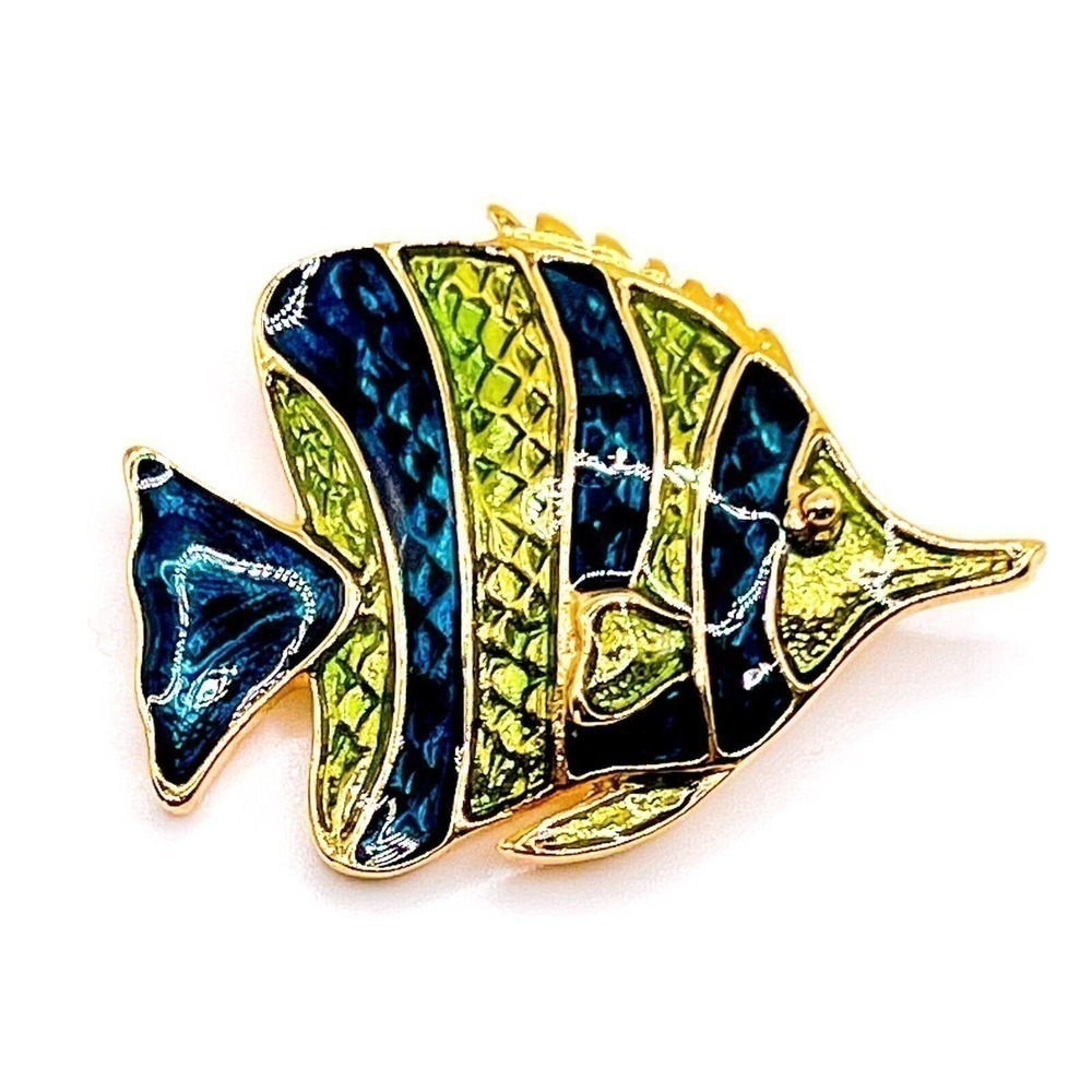 𝅺VINTAGE Mid Century Tropical Fish Brooch Pin Green Blue Enamel Gold Tone